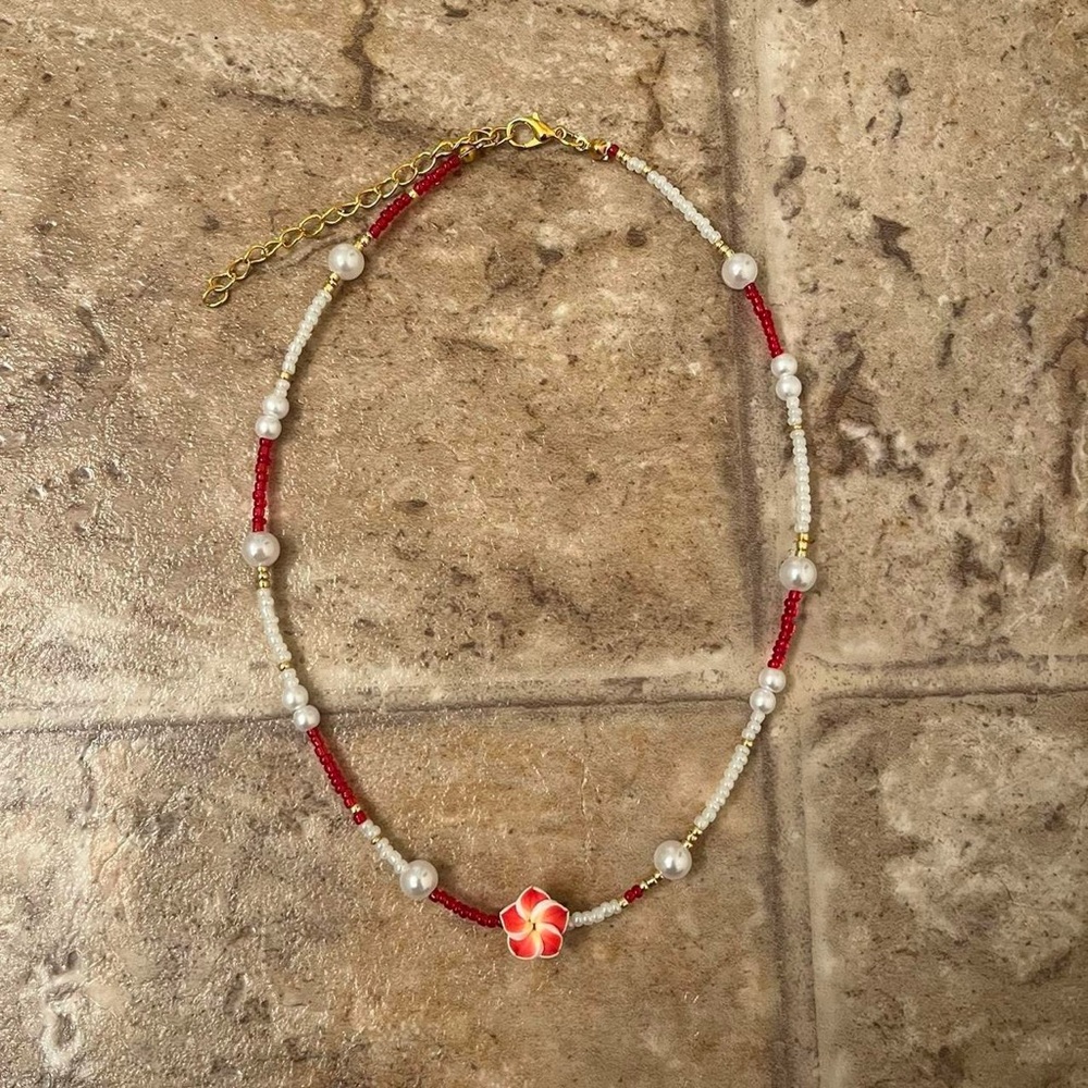 Red plumeria flower necklace